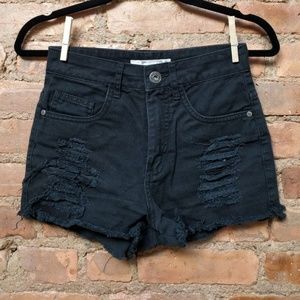 High Waist Black Denim Destroyed Shorts